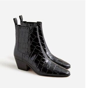 J.Crew Piper Italian Leather Croc Embossed Western Ankle Boots Black 8.5